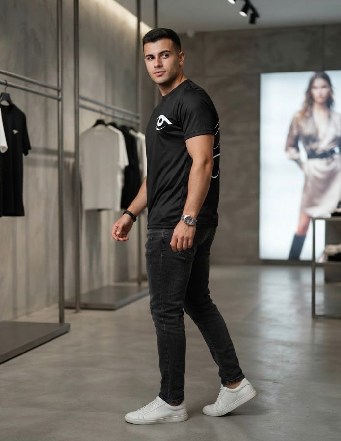 "New Collection" Black Crew Neck T-Shirt with Eye & Monogram Graphic_thumbnail_5