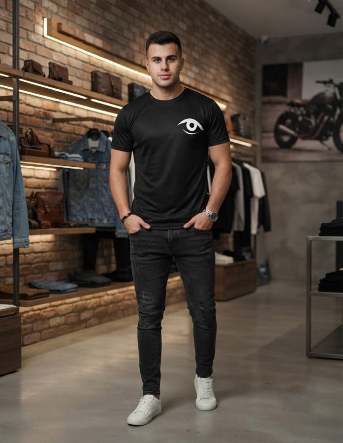 "New Collection" Black Crew Neck T-Shirt with Eye & Monogram Graphic_thumbnail_3